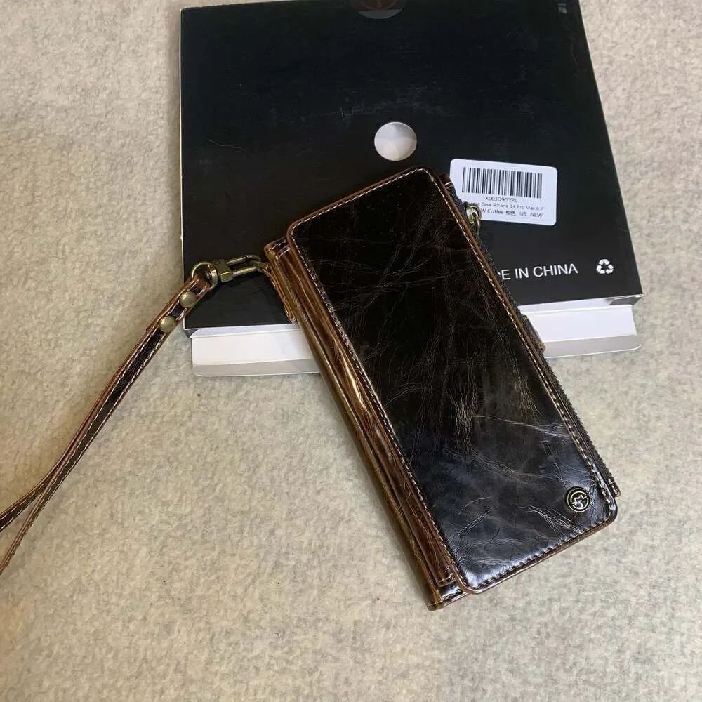 Defencase Brown Leather Wallet Case for iPhone 14 Pro Max with Zipper Pocket and